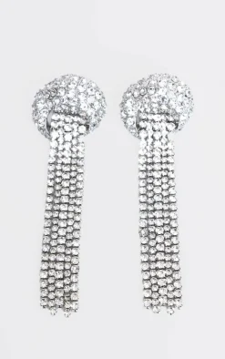 Silver Diamante Chunky Shell Tassel Statement Earrings
