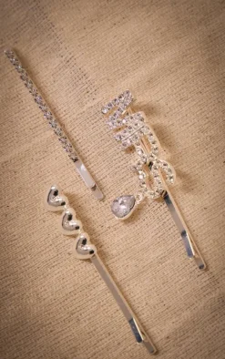 Silver Diamante Heart & Jewel Detail 'Mrs' Hair Slides