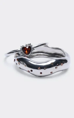 Silver Diamante Heart Detail 2 Pack Bangles