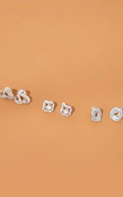 Silver Diamante Knotted Stud Earrings Multi Pack