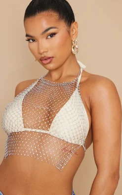 Silver Diamante Mesh Halter Neck Body Jewelry