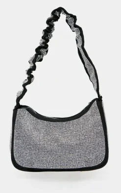 Silver Diamante Ruched Handle Shoulder Bag