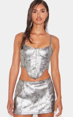 Silver Dipped Hem Coated Denim Corset