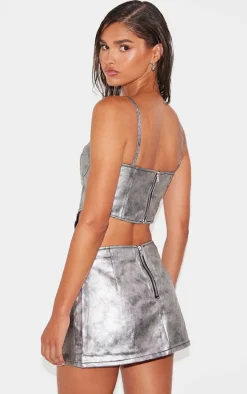 Silver Dipped Hem Coated Denim Corset