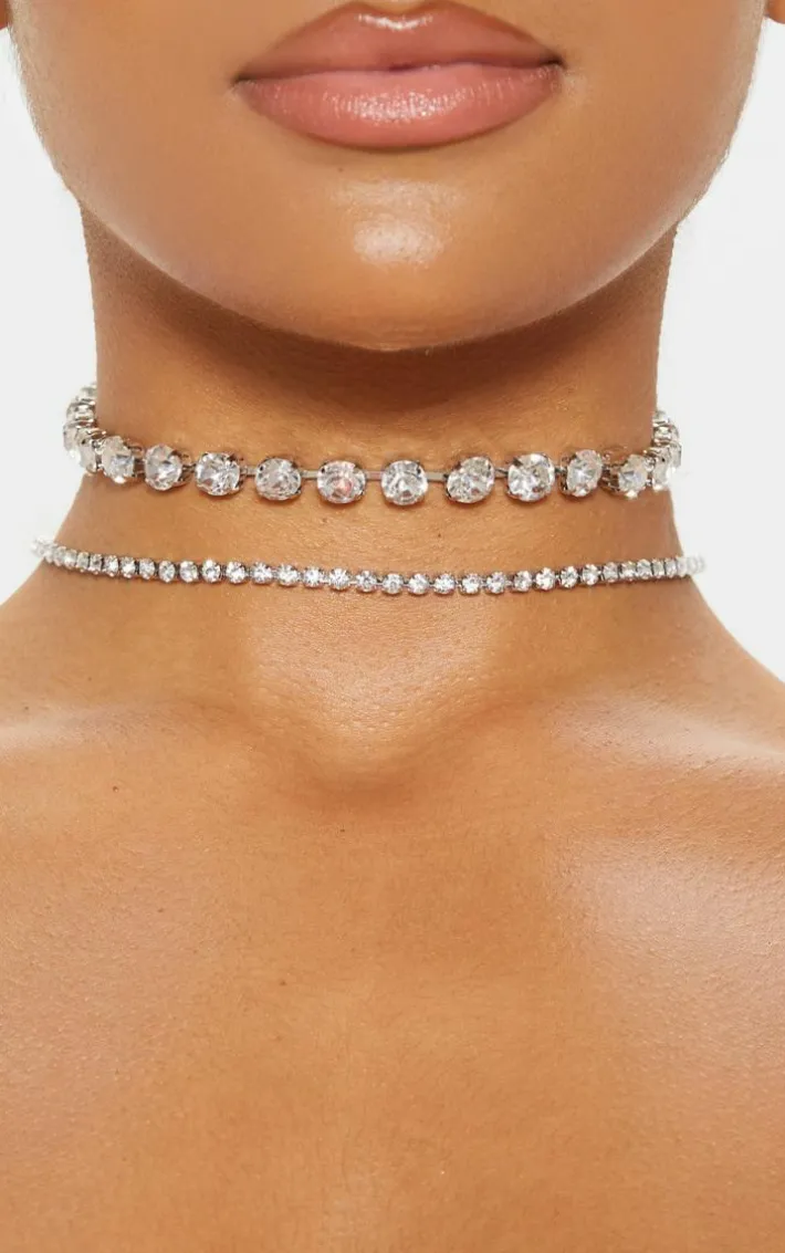 Silver Double Diamante Choker Two Pack