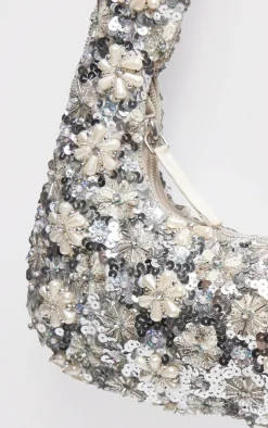 Silver Flower Sequin Handbag