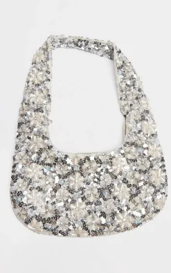 Silver Flower Sequin Handbag