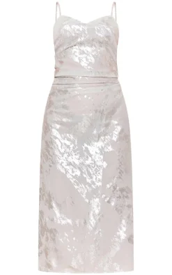 Silver Foil Print Cowl Neck Midaxi Dress
