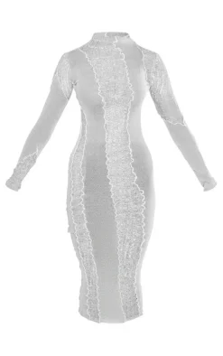 Silver Glitter Contrast Knit Asymmetric Maxi Dress