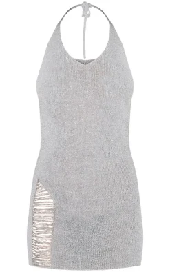 Silver Glitter Knit Distressed Ladder Halterneck Mini Dress