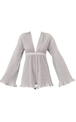 Silver Glitter Plisse Flare Sleeve Plunge Romper