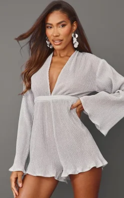 Silver Glitter Plisse Flare Sleeve Plunge Romper