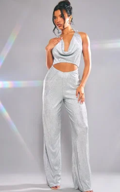 Silver Glitter Plisse Halterneck Cowl Cut Out Wide Leg Jumpsuit