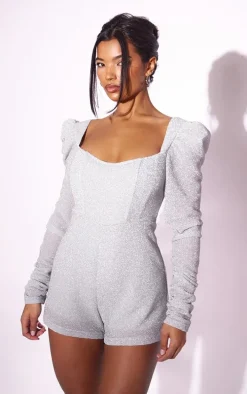 Silver Glitter Plisse Ruched Long Sleeve Romper