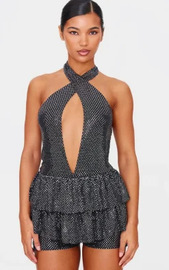 Silver Glitter Sequin Halterneck Rara Skort Romper