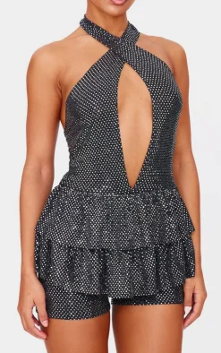 Silver Glitter Sequin Halterneck Rara Skort Romper