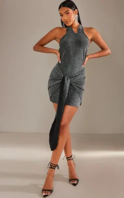 Silver Glitter Textured Cut Out Halterneck Bodycon Dress