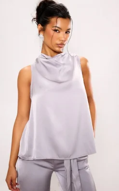Silver Grey Satin Open Back Longline Top
