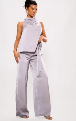 Silver Grey Satin Tailored Belted Wide Leg Pants