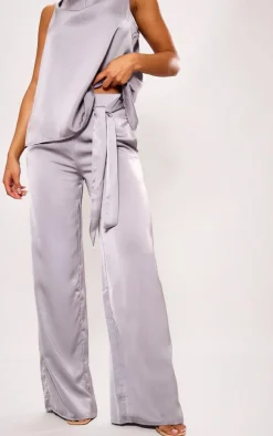 Silver Grey Satin Tailored Belted Wide Leg Pants