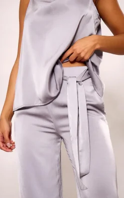 Silver Grey Satin Tailored Belted Wide Leg Pants