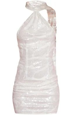 Silver Grey Sequin High Neck Backless Bodycon Dress