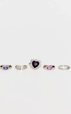 Silver Heart And Jewel Crinkle Multipack Rings