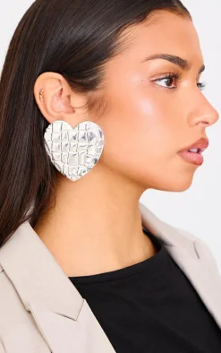 Silver Heart Croc Embossed Statement Earrings