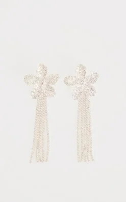 Silver Jewel Flower Statement Tassel Earrings