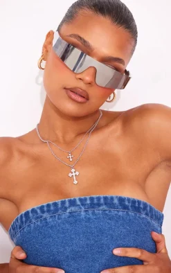 Silver Layered Chain Jeweled Cross Necklace