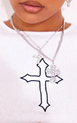 Silver Layered Cross Chunky Chain Necklace