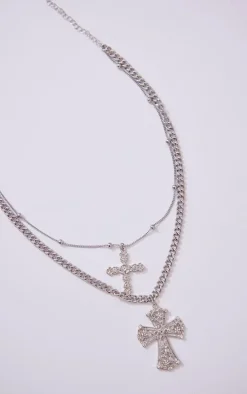 Silver Layered Cross Chunky Chain Necklace