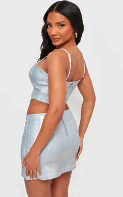 Silver Metallic Coated Denim Corset Top