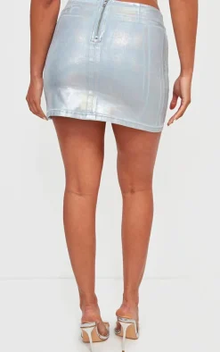 Silver Metallic Coated Denim Micro Mini Skirt