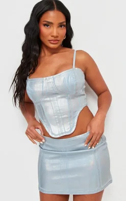 Silver Metallic Coated Denim Micro Mini Skirt