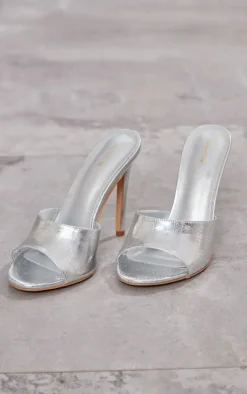 Silver Metallic Croc Pu Round Toe High Heeled Mules
