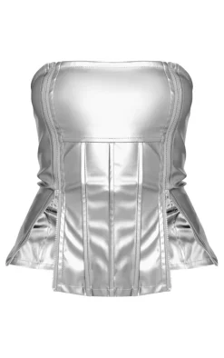 Silver Metallic Faux Leather Bandeau Zip Detail Corset Top