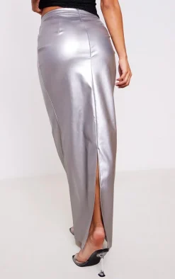 Silver Metallic Faux Leather Maxi Skirt
