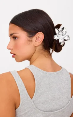 Silver Metallic Flower Hair Claw Clip