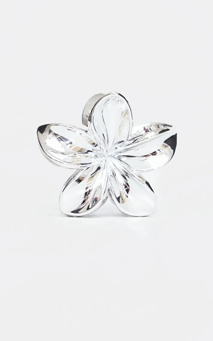 Silver Metallic Flower Hair Claw Clip