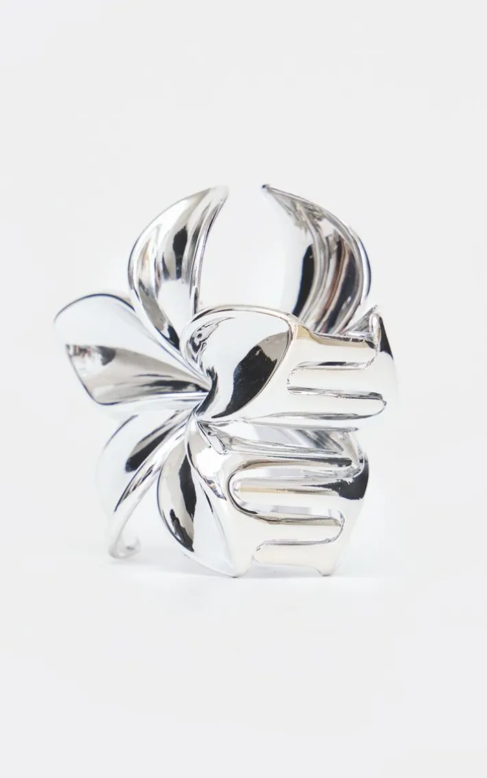 Silver Metallic Flower Hair Claw Clip
