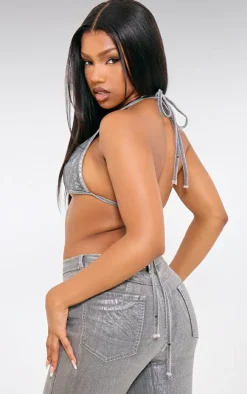 Silver Metallic Foil Effect Tie Up Denim Triangle Top