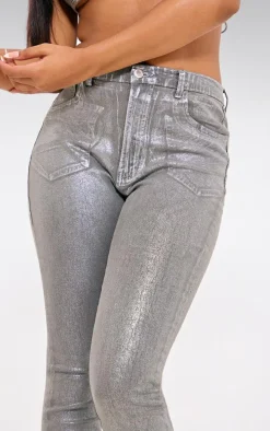Silver Metallic Foil Effect Flared Jeans