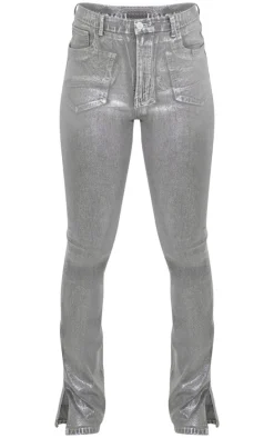 Silver Metallic Foil Effect Flared Jeans