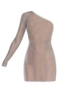 Silver Metallic Knit One Sleeve Bodycon Dress