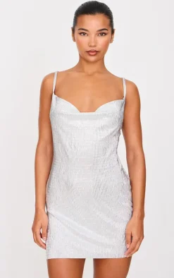 Silver Metallic Plisse Cowl Neck Strappy Bodycon Dress