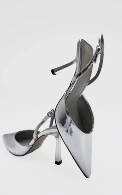 Silver Metallic Point Toe Pu Buckle Strap Mid Heeled Courts