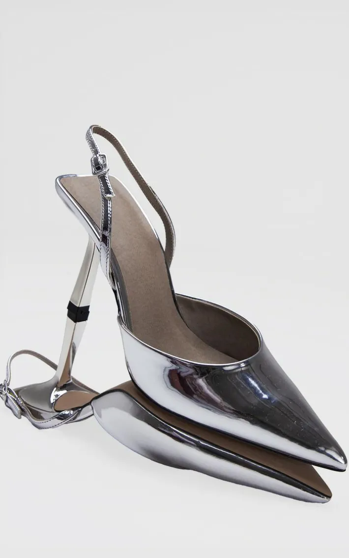 Silver Metallic Point Toe Pu Buckle Strap Mid Heeled Courts