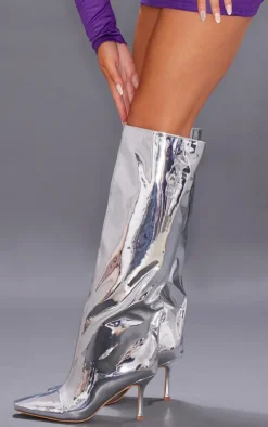 Silver Metallic Point Toe Knee High Heeled Boots