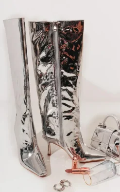 Silver Metallic Point Toe Knee High Heeled Boots